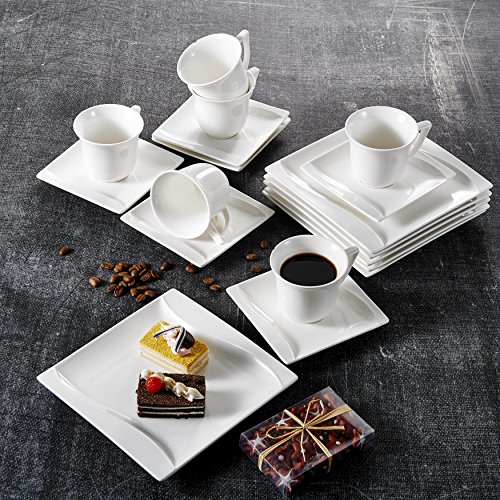 MALACASA 18-Piece Ivory White Porcelain Drinkware Coffee Set Tea Sets 6.8 oz Cups Saucers and Dessert Plates for 6 Carina Series