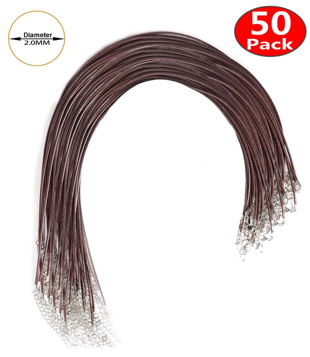 Necklace Cord 18 inches Brown Waxed Cotton Necklace Cord DIY Jewelry Making Ropes with Extension Chain Lobster Claw Clasp for Kids Girls Women Men DIY Gift(2.0MM,50PCS)