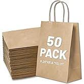 Gift Bags 8.25"x5.9 "x3.15" 50Pcs Paper Bags with Handles,kraft paper Bags for Small Business Christmas Bulk, Wedding, Party Favor, Shopping, Lunch, Halloween Trick-or-Treat (Brown)