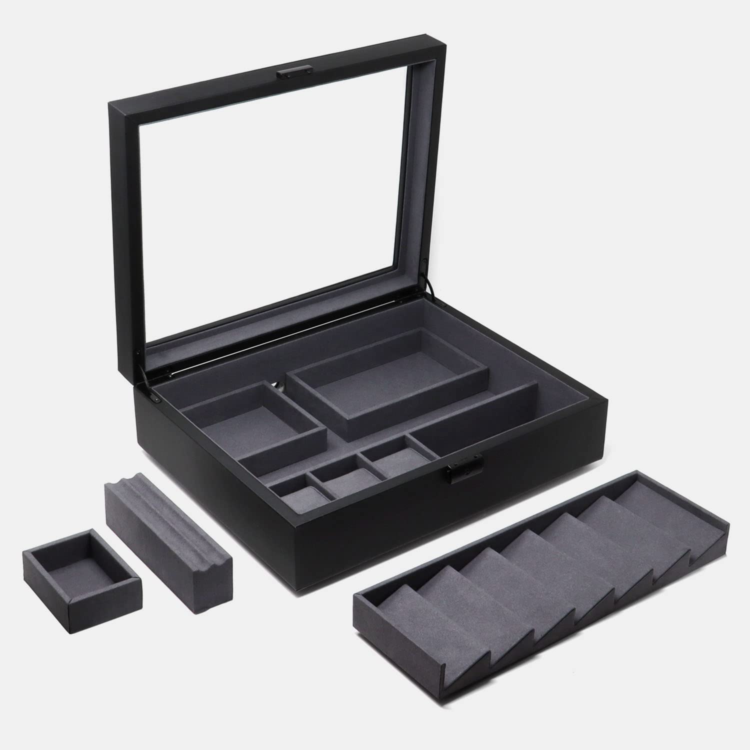 Kaviso Cache Display Valet - EDC, Blade, Watch, and Jewelry Locking Storage Case, USB Pass-through, Microfiber Lining, Faux Leather, Stackable (Valet) Black