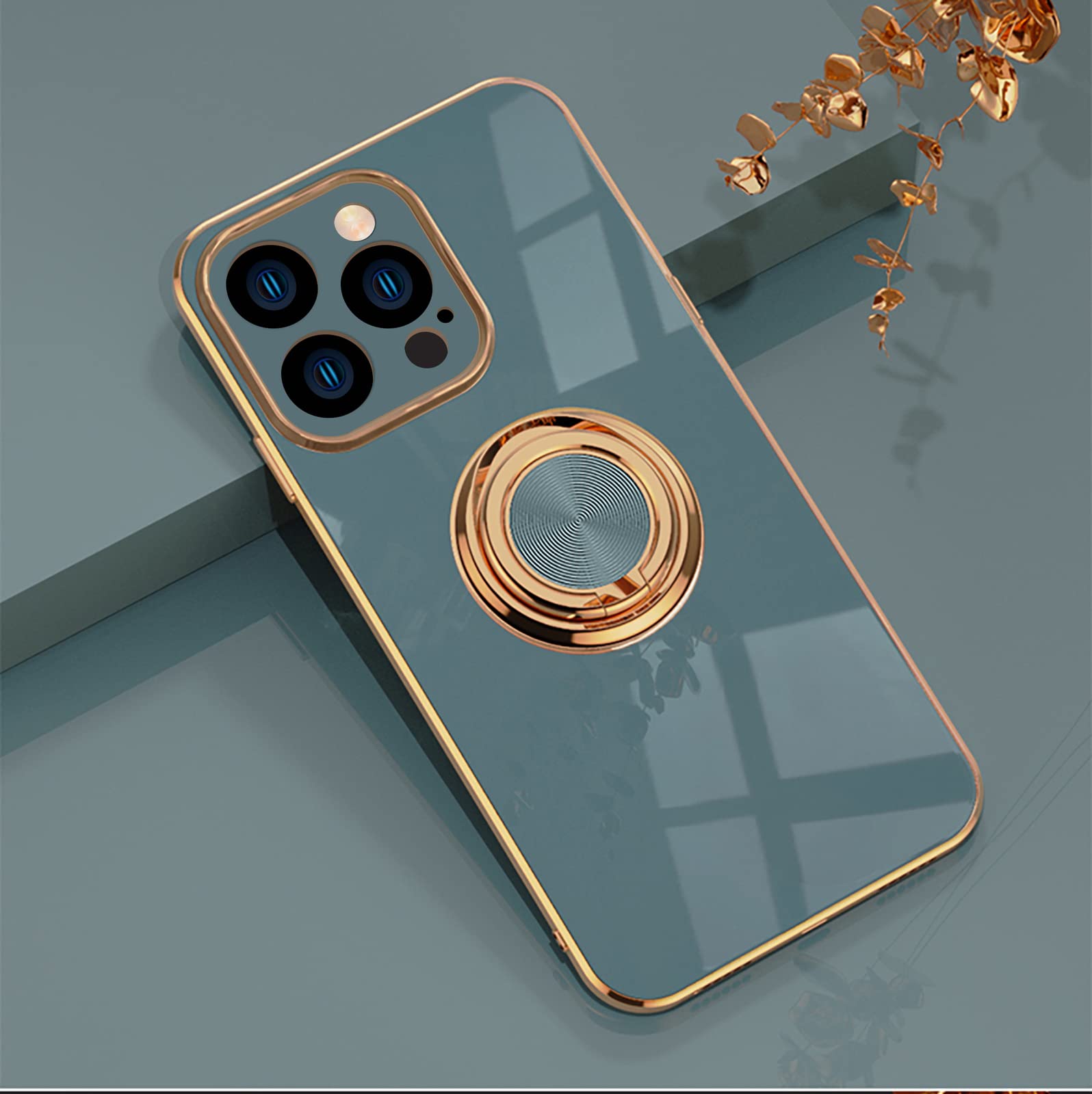 EYZUTAK Electroplated Magnetic Ring Holder Case for iPhone 15 Pro Max, 360 Degree with Rotation Metal Anti-fall Finger Ring Holder Magnet Car Holder Slim Soft Silicone Shockproof Cover - Gray — image 1