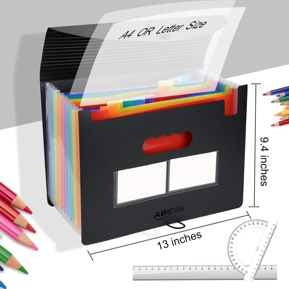 Expanding File Folder Accordian File Organizer with Cover/Portable A4 Letter Size Filing Box, Accordion Bill Paper Document Receipt Organizer High Capacity Plastic Bag with Colored Tab (12 Pockets) : Office Products