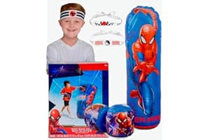 Toy Deals USA Spider Super Hero Inflatable Bop Bag, Bop Gloves & 1 Ninja Headband Set for Kids, Punching Bag with Gloves, Freestanding Superhero Bouncing Boxing Bag, Heavyy Duty, Boys & Girls 3+