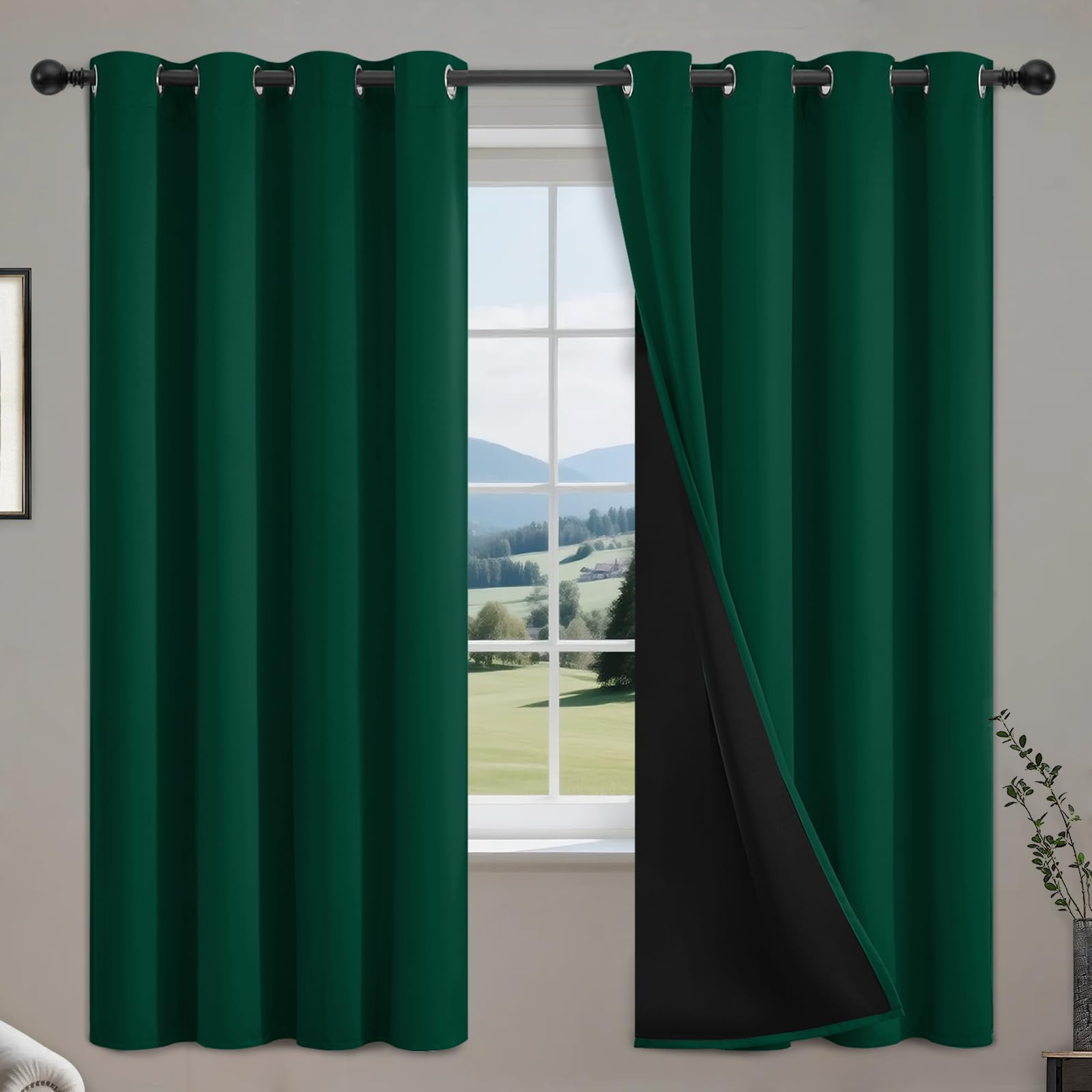 COSVIYA 100% Blackout Curtains for Bedroom with Black Liner, Full Light Blocking Thermal Insulated Grommet Window Treatment 63 Inches Length, Dark Green, 2 Panels Image