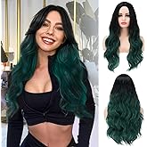 Daiaces Black and Green Wig for Women Long Curly Wavy Ombres Dark GreenWig Middle Part Natural Looking Wig for Daily Party Use