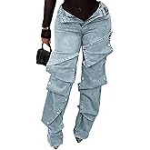Voghtic Womens y2k Detachable Patchwork Irregular Boyfriend Cargo Jeans High Waisted Straight Leg Denim Pants Streetwear