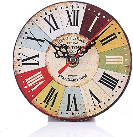 Wooden Yellow Decoration Round Desk Clock, Small Desktop Wood Clock, Handmade Creative Clock ,Vintage Rustic Country Tuscan Style Greek Numerals Desk Clock (Red Yellow Blue)