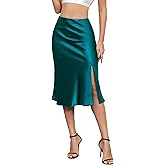 ALCEA ROSEA Womens Silky Satin Midi Skirt High Waist Elastic Waist A Line Skirt with Slit