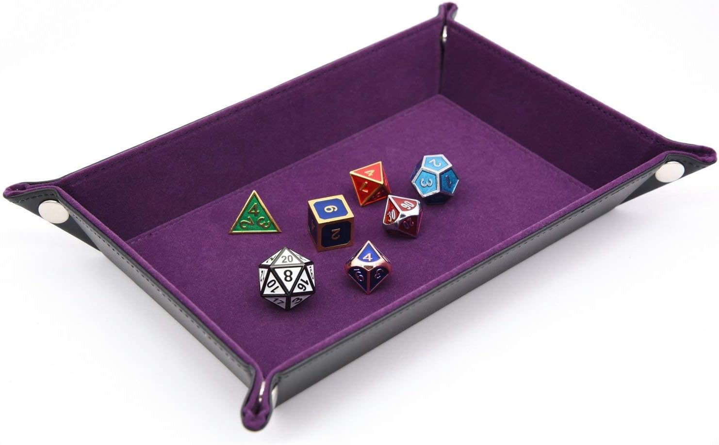 SIUONI Dice Holder PU Leather Folding Rectangle Tray w/Purple Velvet for RPG DND and Other Table Games Jewelry Tray Bedside Tray Key Phone Coin Change Stroage Tray Box