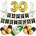 30th Birthday Party Pack â€“ Black & Gold Happy Birthday Bunting, Poms, and Swirls Pack- Birthday Decorations â€“ 30th Birthday Party Supplies