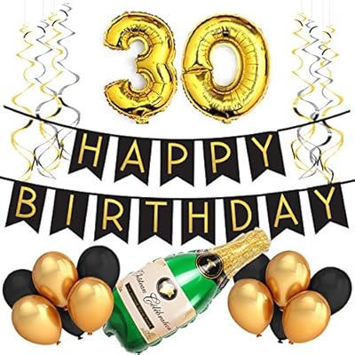 30th Birthday Party Pack â€“ Black & Gold Happy Birthday Bunting, Poms, and Swirls Pack- Birthday Decorations â€“ 30th Birthday Party Supplies