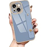 Lafunda for iPhone 14 Case Cute, Luxury Gold Edge Plated for Women Girls Elegant TPU Bumper Cover with Wrist Strap Kickstand Camera Protection Shockproof Silicone Phone Case for iPhone 14, Blue Grey