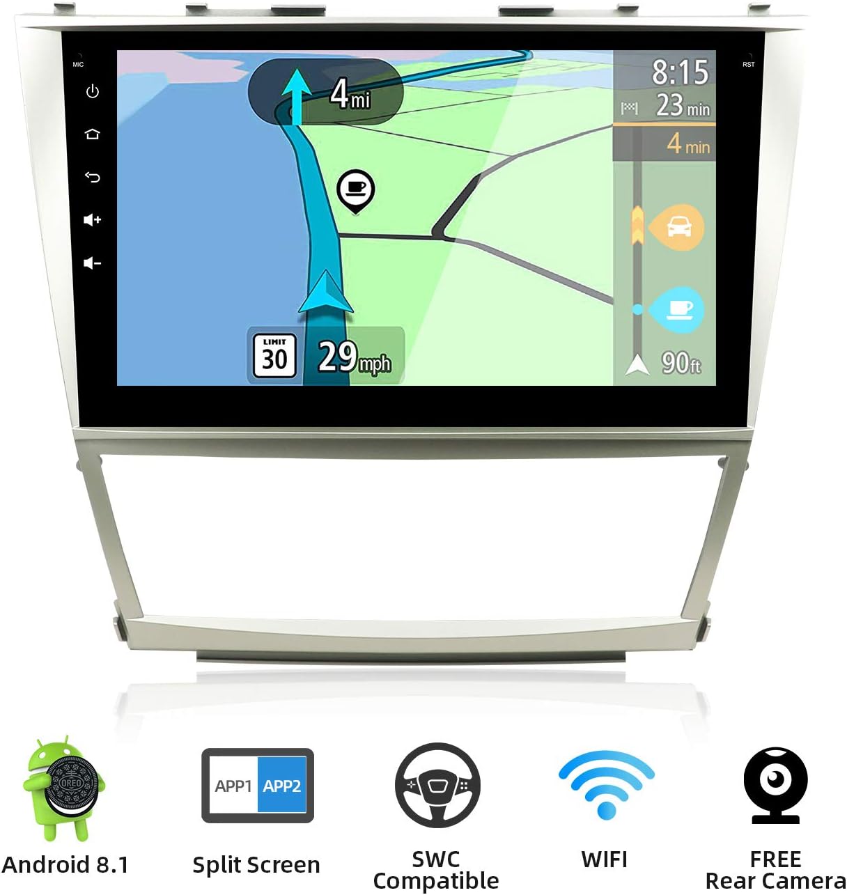 10.1 Inch Android 8.1 Double Din Car Stereo for Toyota Camry 2007-2011 | 2G RAM Octa Core | Car GPS Navigation Multimedia Support Steering Wheel Split Screen 3G/4G Google WiFi Mirror Link Free Camera