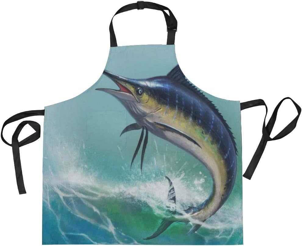 Amazon Eilanna エプロン 魚ジャンプブルーマーリン移動する海の動物野生生物バショウカジキメカジキ美しいワンストライプウォート ファッションパターン 調節可能首掛け 業務用 家庭用 作業用 男女兼用 シンプルデザイン エプロン オンライン通販