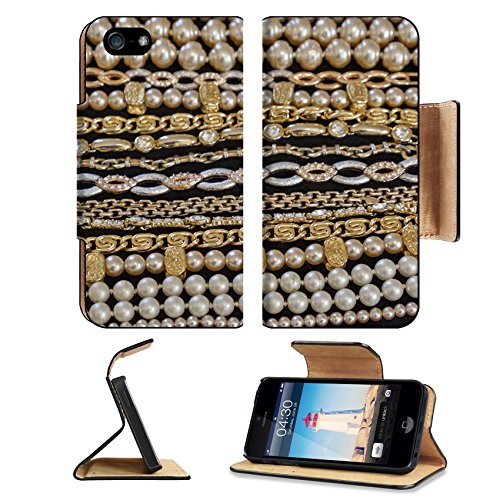 Luxlady Premium Apple iPhone 5 iphone 5S Flip Pu Leather Wallet Case iPhone5 IMAGE ID 31255839 variety of golden jewelery closeup strong bokeh