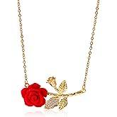 Bmpzery Rose Necklace for Women, Red Rose Flower Pendant with Crystal Leaf on Gold Chain, Valentine's Day Gift for Her, 18 Inch Gold Plated Necklaces Jewelry