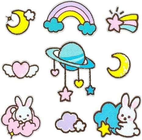 Amazon Goodkuru アップリケ ワッペン アイロン 女の子 かわいい 子供 刺繍 星 ハート うさぎ 空 雲 虹 幼稚園 保育園 入園 入学 Diy 9種 収納袋付き ワッペン アップリケ 通販