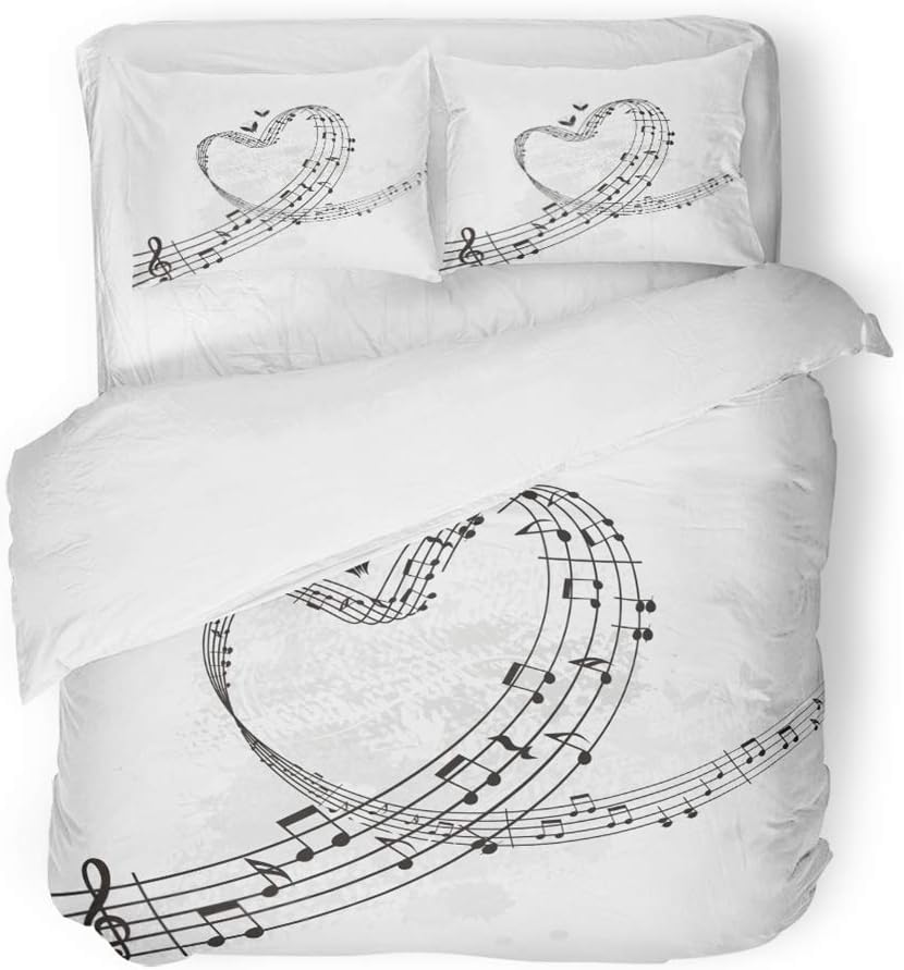 3 Piece Duvet Cover Set Brushed Microfiber Fabric Breathable Gray Note Music from Heart Love Treble Black Butterfly Clef Stave Flower Bedding Set with 2 Pillow Covers King Size