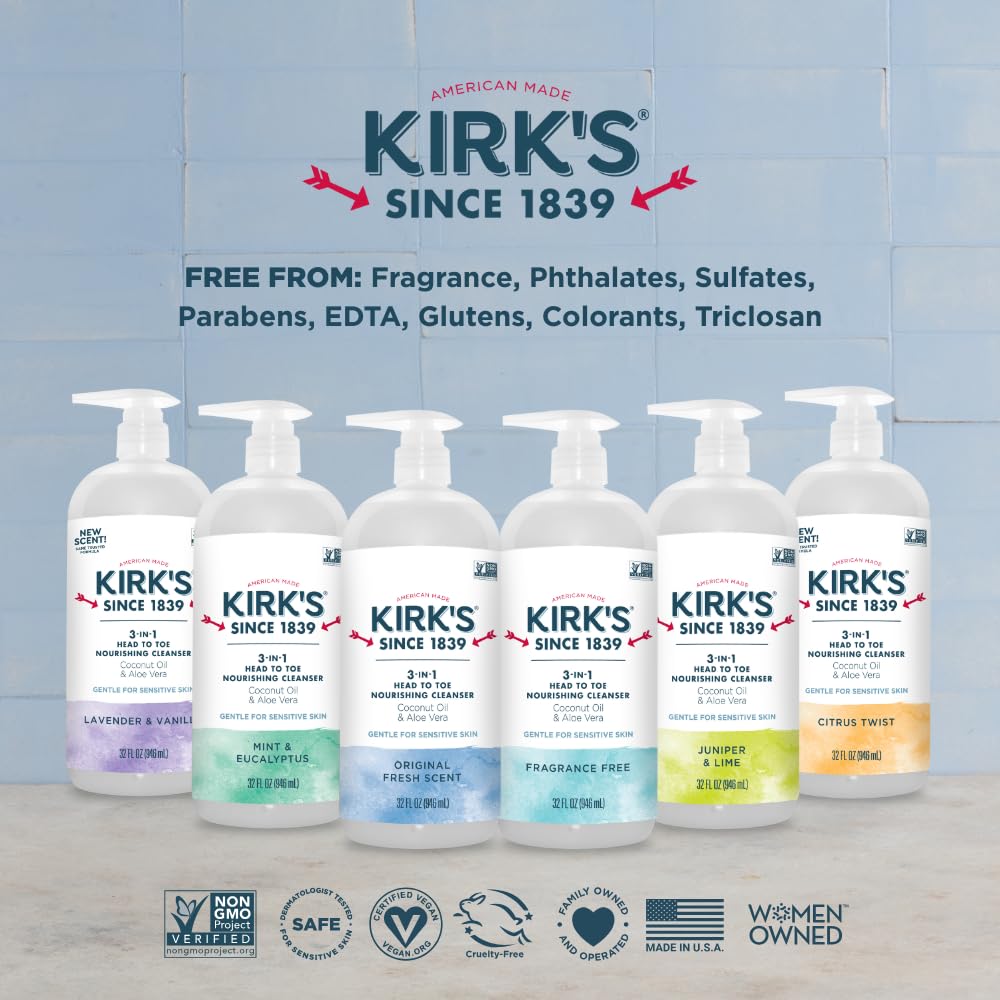 Kirk's 3-in-1 Head to Toe Nourishing Cleanser & Travel Size Bar Soap - for Men, Women & Children, Made with Premium Coconut Oil and Aloe Vera, Non-GMO & Vegan, Fragrance Free, 32 Fl Oz.