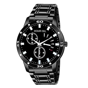 Golden Bell GB-1304 Watch for Men - Luxury Sports Casual Quartz Chronograph Look Stainless Steel Band Black Color Mens Wristwatch