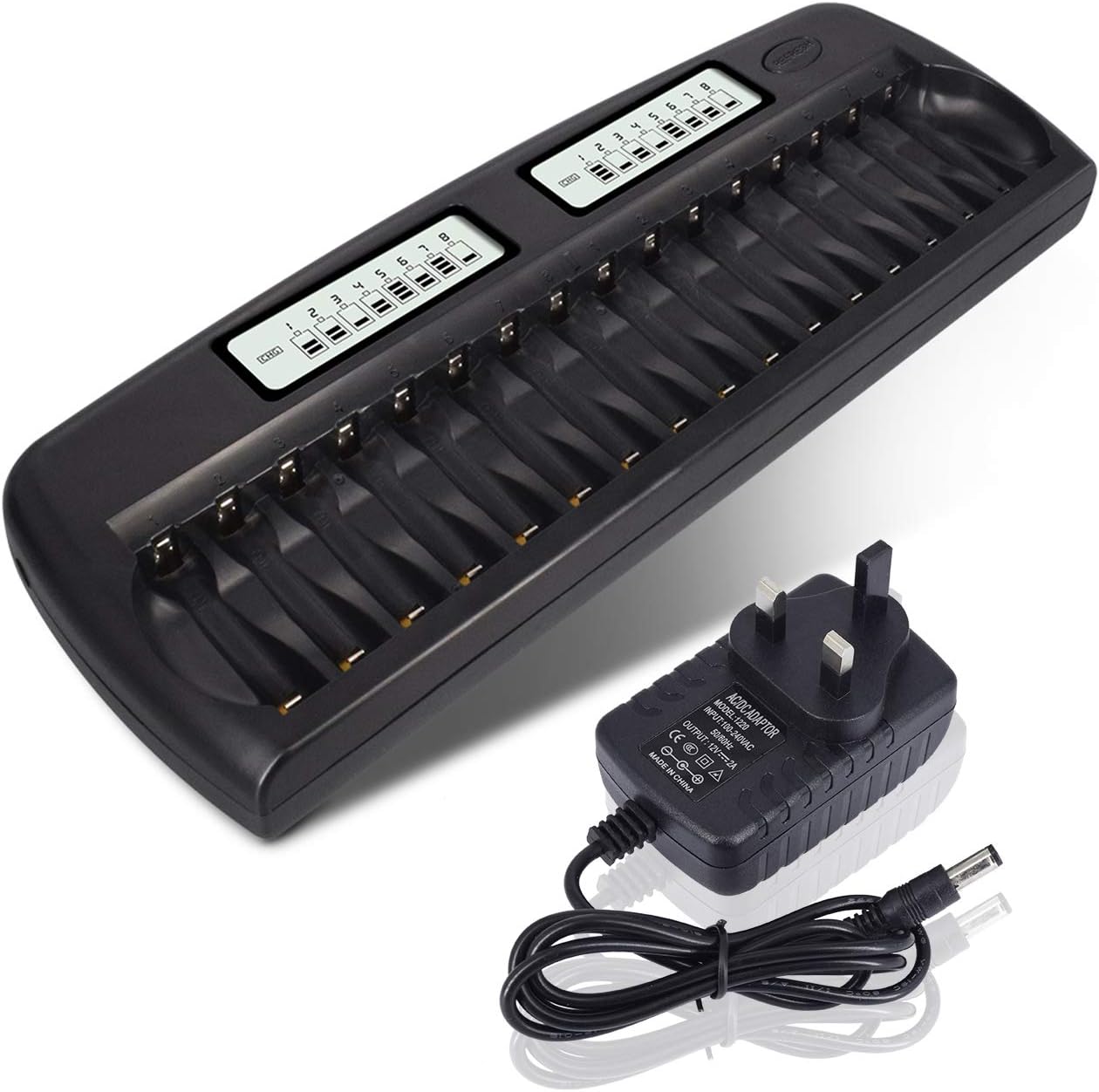 CITYORK 16 Slot Smart AA/AAA Battery Charger Built-in IC Protection for AA/AAA NiMH/NiCd Rechargeable Batteries with Discharge Function & LCD Display