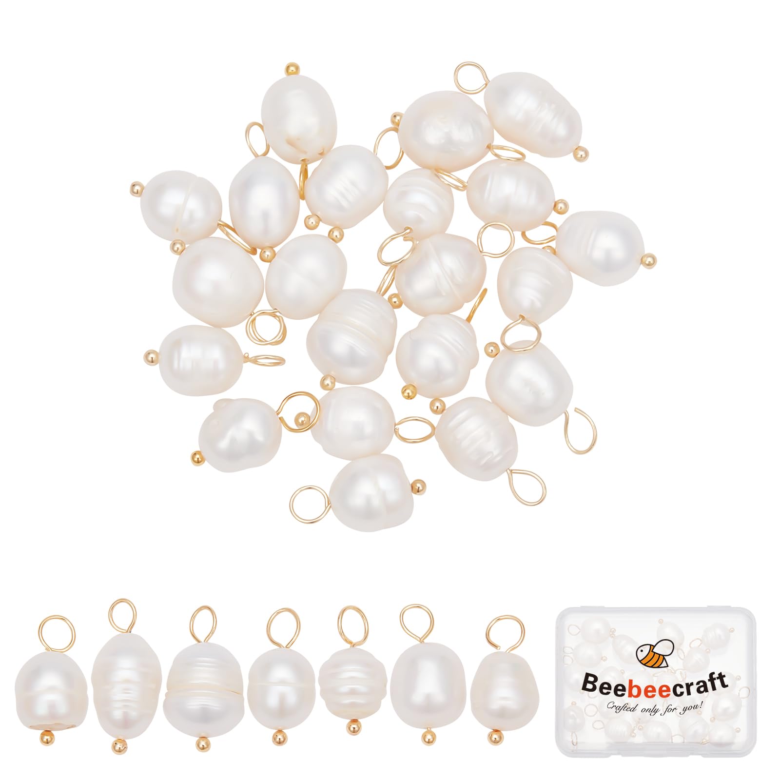 Beebeecraft 1 Box 30Pcs Freshwater Pearl Charms 18K Gold Plated Ball Head Pins Baroque Natural Irregular Rice Pearl Dangle Drop Charms Pendant for Summer Them DIY Bracelet Jewellery Making