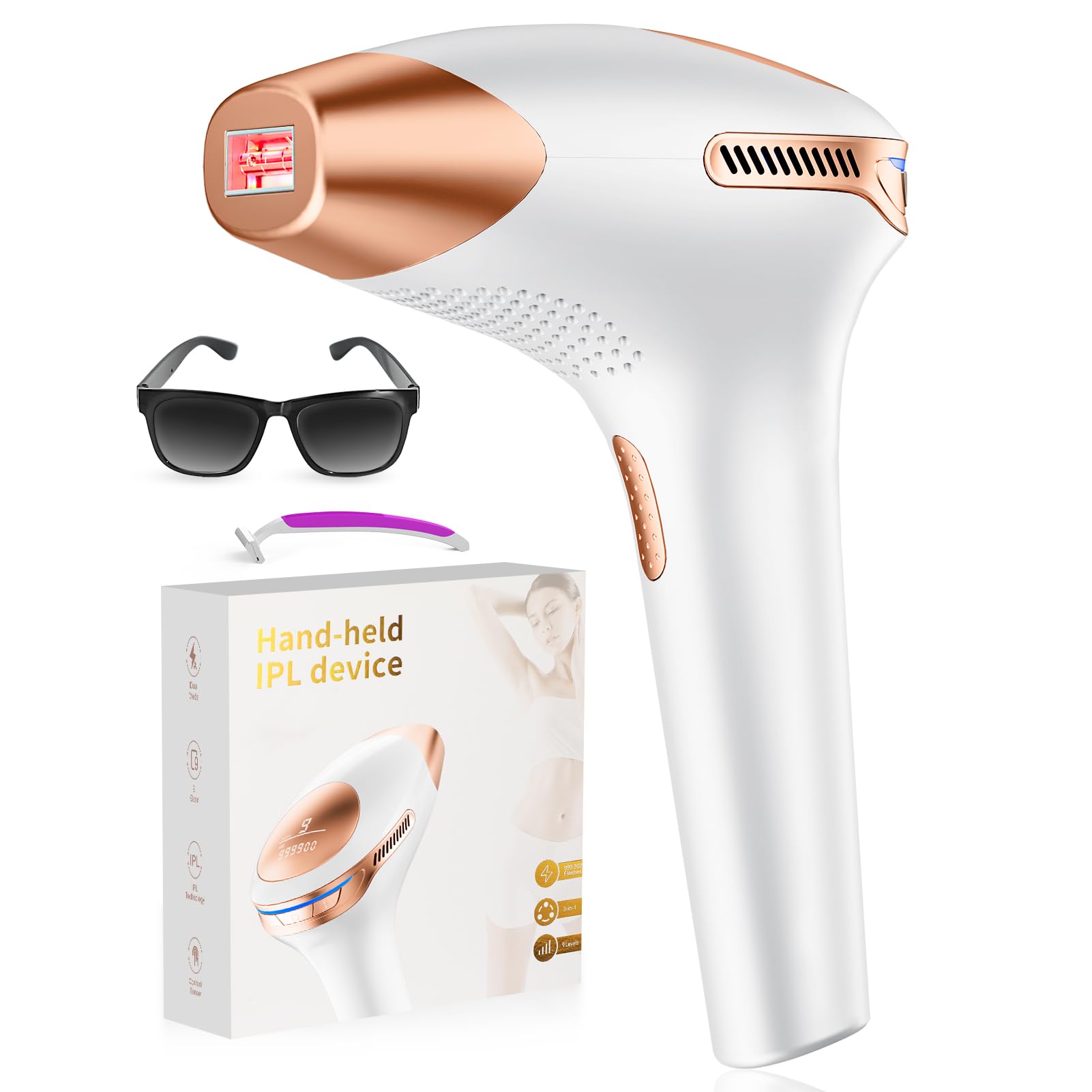 LUBEX 21J IPL Hair Removal Device, 3-in-1 Functions HR/SC/RA, 9 Energy Levels, 999,900 Flashes, Perfect Laser Hair Removal Systerm for Women and Men, Armpits, Legs, Body, Gold