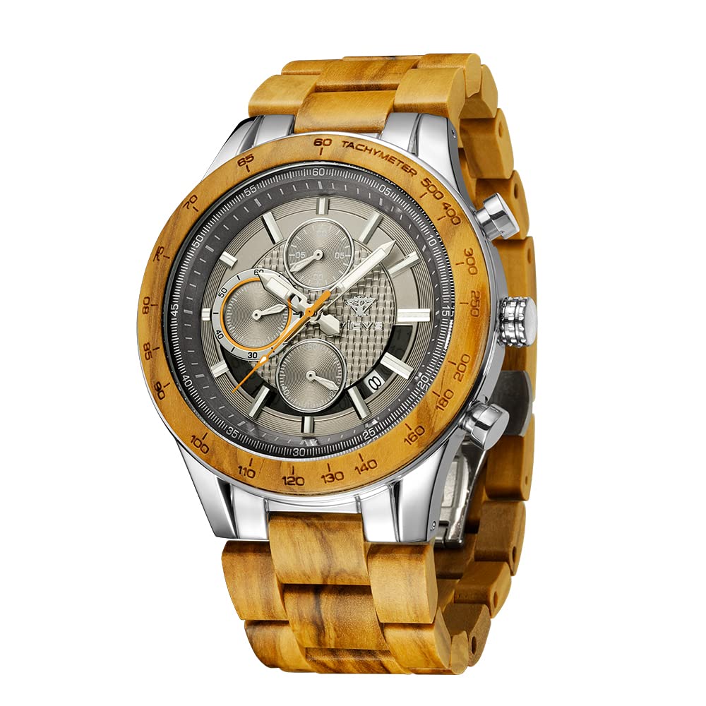 VICVS Men's Wood and Stainless Steel Watches, Chronograph 3 Dials Chronograph Quartz Casual Business Multifunctional Men's Wood Watches, Handmade (Olive Metal)