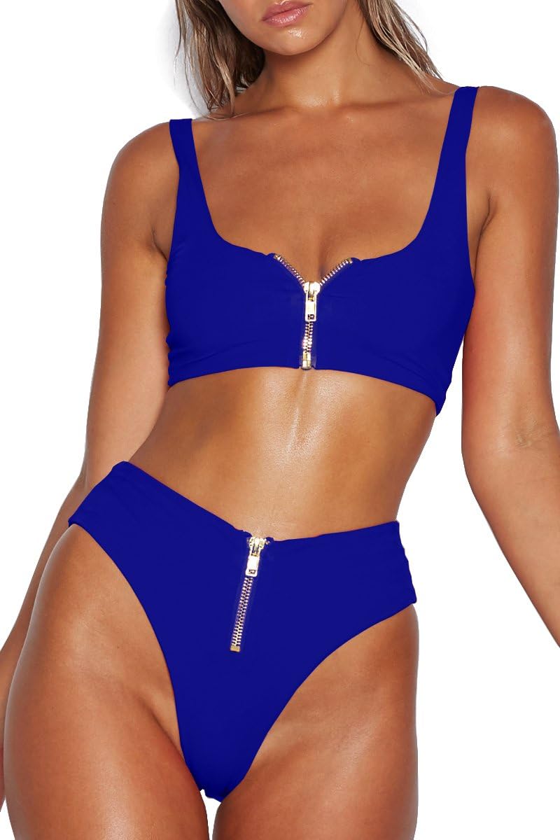 VNOOK Women's Zipper Front High Waisted High Cut Two Piece Bikini Sets Swimsuit