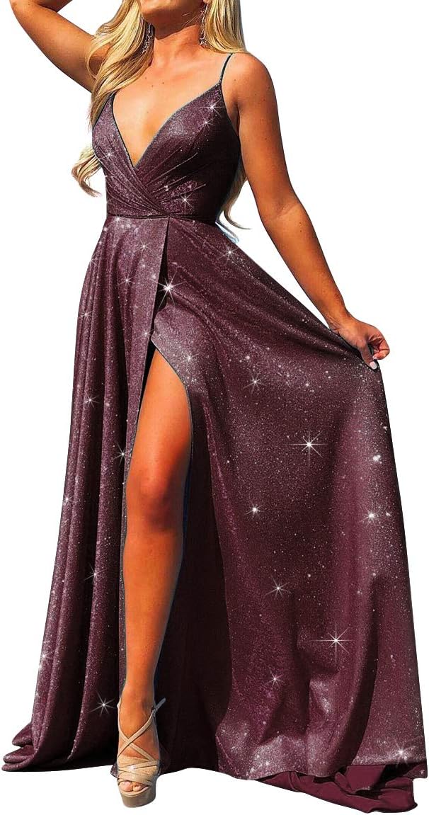 ALFEICE Long Prom Dresses V Neck Spaghetti Sparkling Formal Evening Gown High Slit Maxi Dress