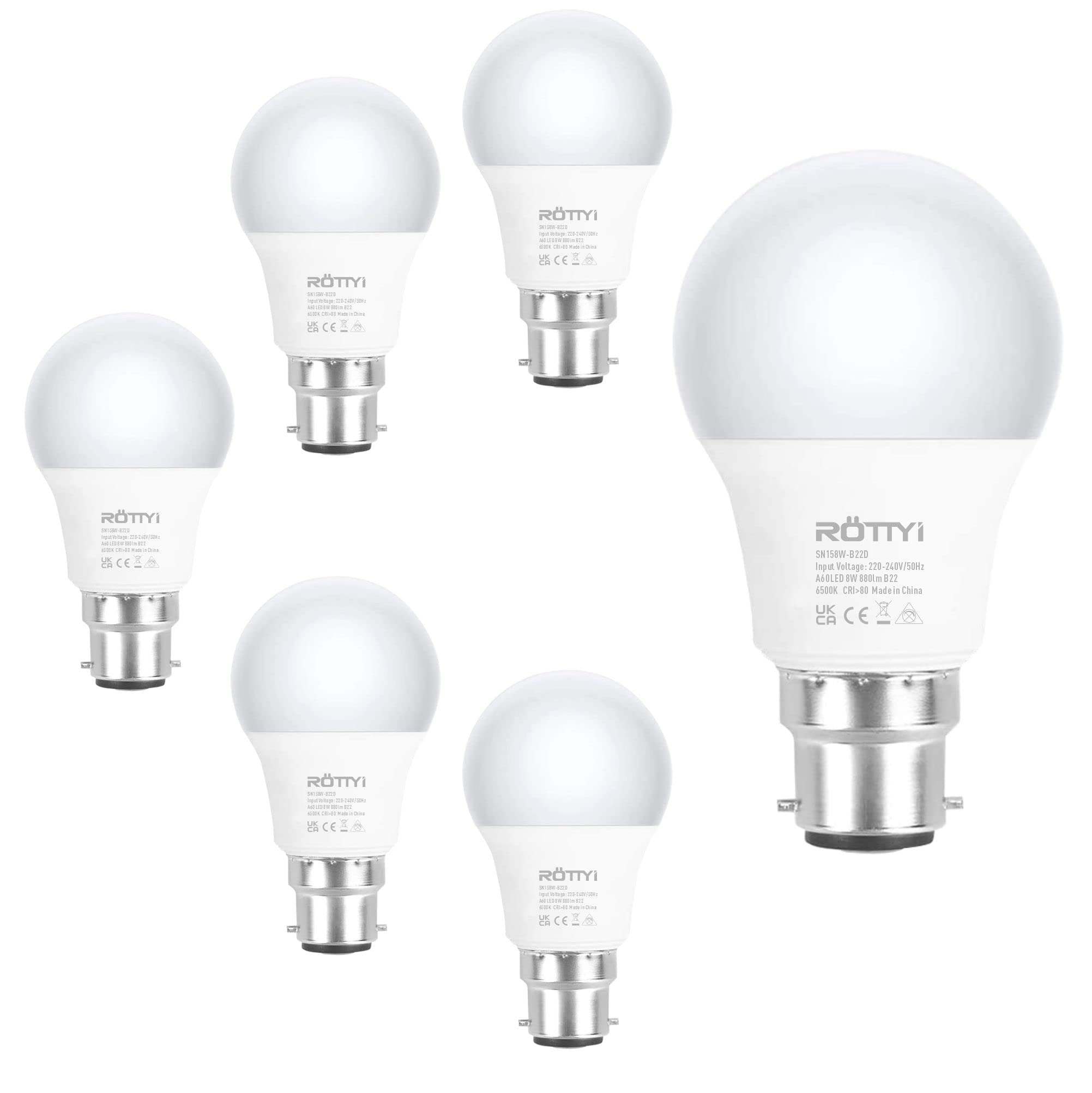 ROTTYI B22 Bayonet Light Bulbs 60W Equivalent, Cool White 6500K Daylight Bulbs, 8W 880LM LED Bulb, BC A60 GLS Energy Saving Lightbulbs, Classic Shape Non-dimmable, Pack of 6