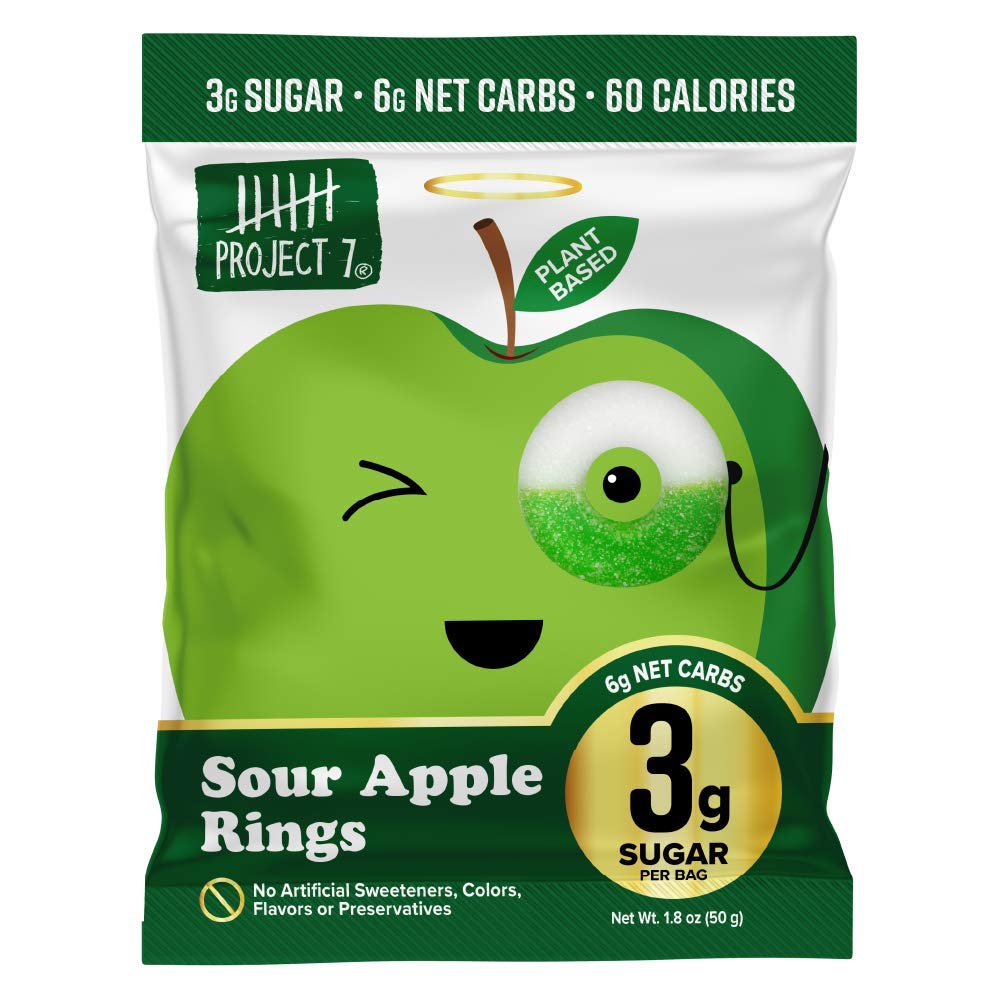 Project 7 Low Sugar Sour Apple Rings – Keto-Friendly & Vegan Gummies With 3g Sugar, 6g Net Carbs & Low Calorie (60) – No Sugar Alcohols, No Artificial Sweeteners or Colors, Pack of 8 (1.8oz)