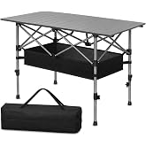 Aoran Folding Camping Table,Portable Adjustable Height Roll Up Table with Mesh Storage Net &amp; Carry Bag,Lightweight Picnic Table for Tailgate Outdoor Backyard BBQ Patio