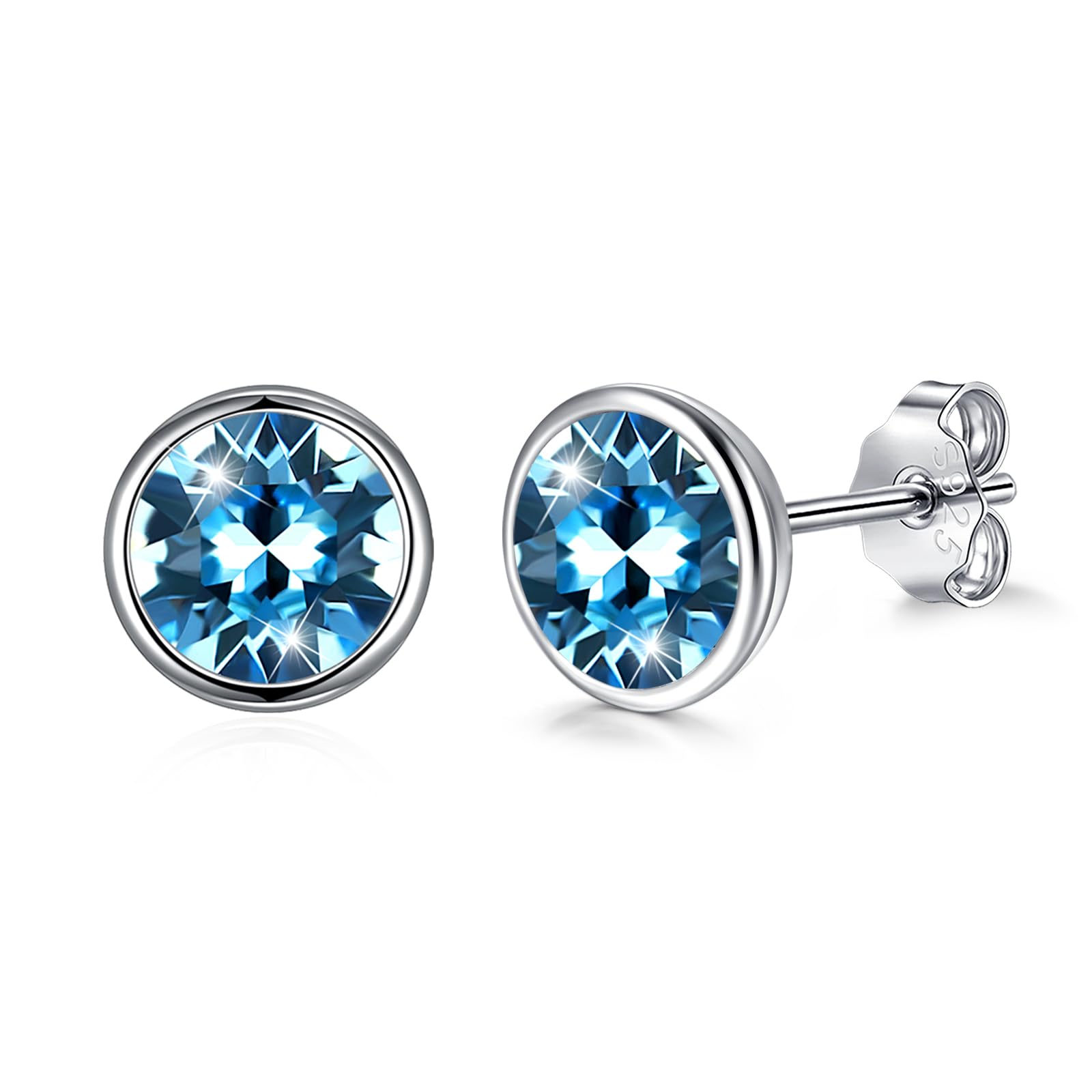 Josfeva Silver Stud Earrings for Women Men, Hypoallergenic 925 Sterling Silver Studs Earring with Cubic Zirconia, Tiny Small Round Circle Ear Pierced Earrings, Blue Unisex Sleeper Earrings Size 8mm