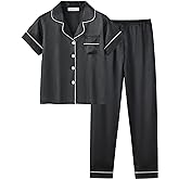 UNICABBIT21 Cute Satin Pajamas for Big/Tween Girls Silk Button Down Short Sleeve & Pants PJS Clothes Nighty Size 8-16