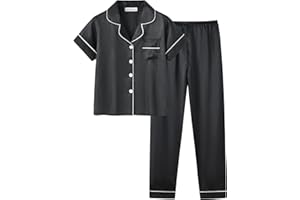 UNICABBIT21 Cute Satin Pajamas for Big/Tween Girls Silk Button Down Short Sleeve & Pants PJS Clothes Nighty Size 8-16