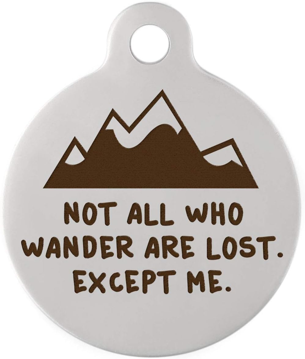 dogIDSPersonalized Circle Dog Identification Tag, Not All Who Wonder are Lost, Made in USA, Heavy Duty, Single Sided ID Tag - Mountain on Stainless Steel, Large, 1 1/4 in