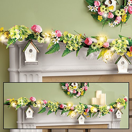 Tulip Spring Floral Garland with 3 Hanging Birdhouses & 10 LED Lights