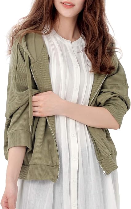 Amazon Janjamcollection 大きいサイズ レディース トップス パーカー ドルマンスリーブ 長袖 ジップアップ ワッフル素材 ポケット カーキ 5l トレーナー パーカー 通販