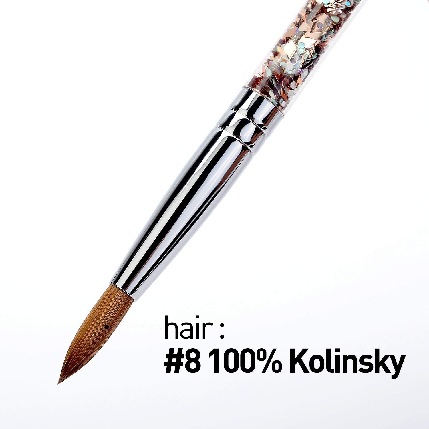 Modelones Acrylic Nail Brush for Acrylic Powder Manicure Pedicure 1pcs Kolinsky Sable Acrylic Nails Round Nail Art Brush With Liquid Glitter Handle #Size 8: Beauty