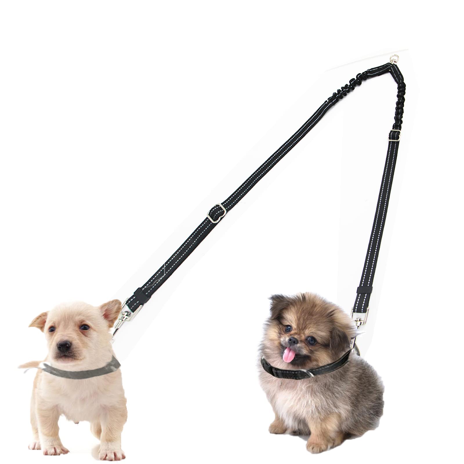 Kelivi Double Dog Lead Coupler, No Tangle 360°Swivel Rotation Two 2 Dog Lead Splitter, Heavy Duty Adjustable Bungee Reflective Dual Dog Leash for Walking Medium Large Dog (Black-Small) — image 1