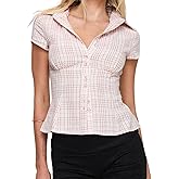 Women Y2k Short Sleeve Button Up Shirt Lapel Collar V Neck Plaid Open Front Blouse Basic Casual Going Out T-Shirt