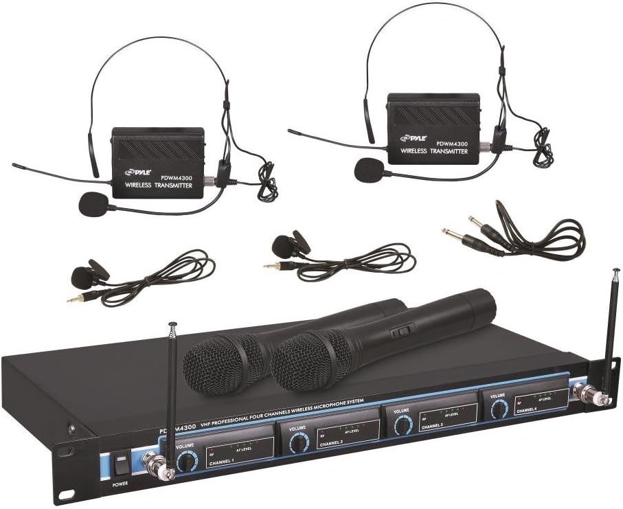 Pyle 4 Channel VHF Wireless Microphone System & Rack Mountable Base 2 Handheld MIC, 2 Headset, 2 Belt Pack, 2 Lavelier/Lapel MIC With Independent Volume Controls AF & RF Signal Indicators (PDWM4300)