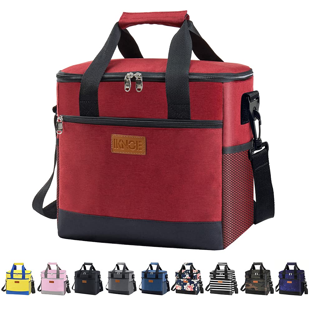 Iknoe Large Cooler Bag Collapsible 24 Can Insulated Bags Leakproof Lunch Cooler Tote with Multi-Pockets for Adult Insulated Thermal Bag for Beach, Picnic, Office Work(Red)