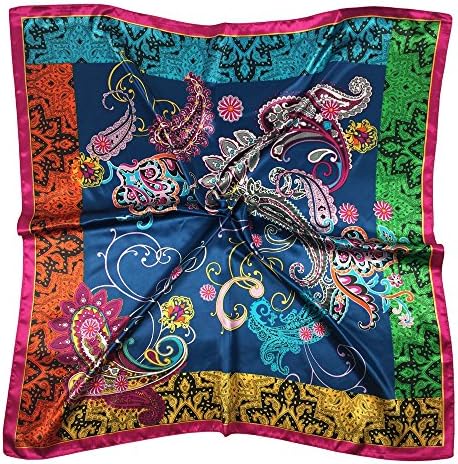 StarGo Silk Feeling Smooth Scarf Women’s Fashion Pattern Large Square Satin Headscarf Headdress Hair Wrapping Scarf Neckerchief 35 x 35 inches (Classic Cashew-Navy)