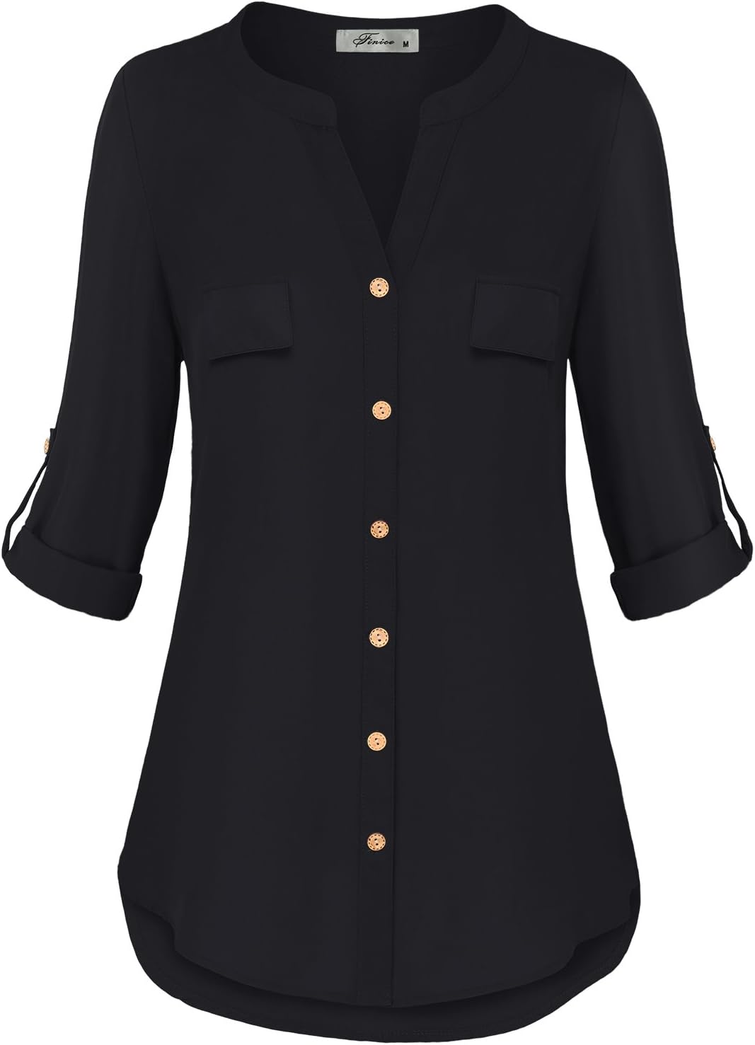 Womens Notch V-Neck Tab Sleeve Button Down Chiffon Blouse Top