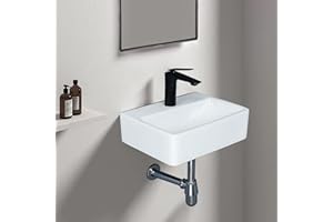 bathivy Wall Mounted Bathroom Sink with Pop-Up Drain, 16" x 12" Rectangle White Porcelain Ceramic Vessel Sink, Modern Floating or Countertop Small Bathroom Vanity Sink Rectangular Lavatory Vanity Sink