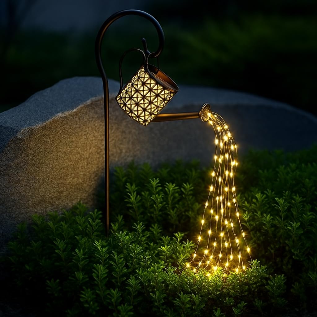 Qamarosa Solar Watering Can Outdoor Decorative Light - Retro Metal Lantern Hanging Star LED Fairy Lamp for Garden Patio Lawn with Bracket