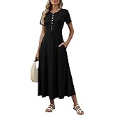 OUKODS Women's Spring Casual Maxi Dress Short Sleeve Fit and Flare A Line Flowy T Shirt Long Vacation Dresses with Pockets