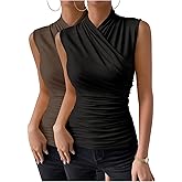 SOLY HUX Women's 2 Piece Tank Tops Ruched Wrap Mock Neck Sleeveless Slim Fit Casual Summer Top